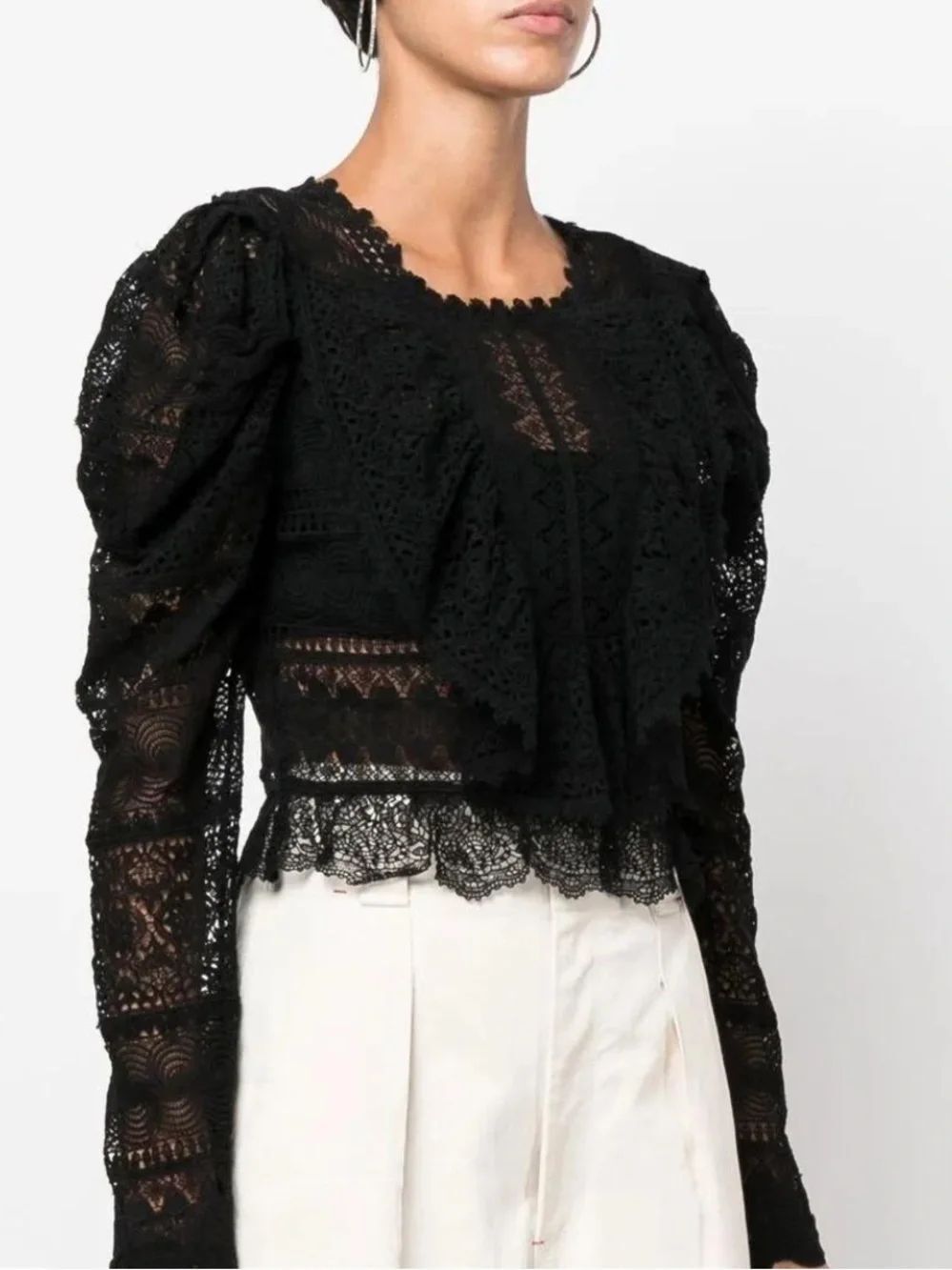 Ulla Johnson Women's Black Eloise Puff Sleeve Lace Silk Blouse $650
